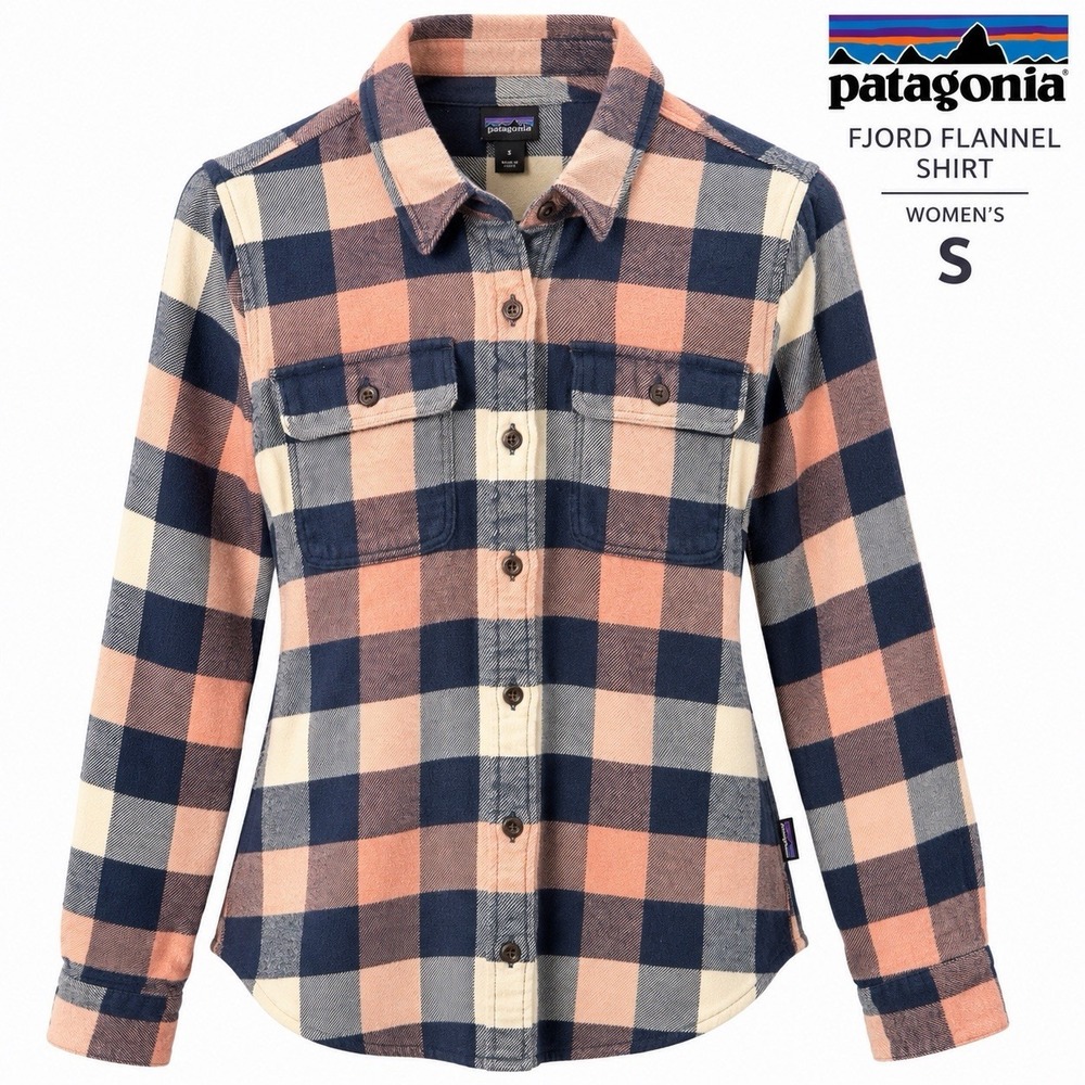 Patagonia Fjord Women's Small Pink Navy Plaid 100% Organic Cotton Flannel Shirt